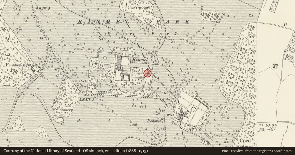Ordnance Survey six-inch map, 2nd edition (1888–1913) covering the location of Adam and Eve Gate at Kinmel, Abergele, Conwy, with a pin at the register's coordinates