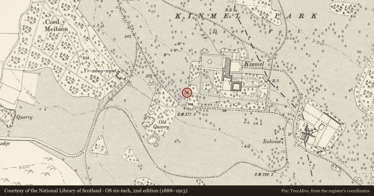 Ordnance Survey six-inch map, 2nd edition (1888–1913) covering the location of Gates and Gate Piers at the W end of the Broad Walk, Abergele, Conwy, with a pin at the register's coordinates