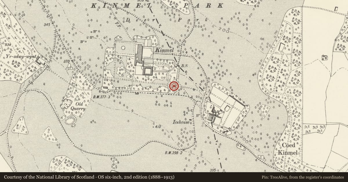 Ordnance Survey six-inch map, 2nd edition (1888–1913) covering the location of Gates and Gate Piers at the E end of the Broad Walk, Abergele, Conwy, with a pin at the register's coordinates