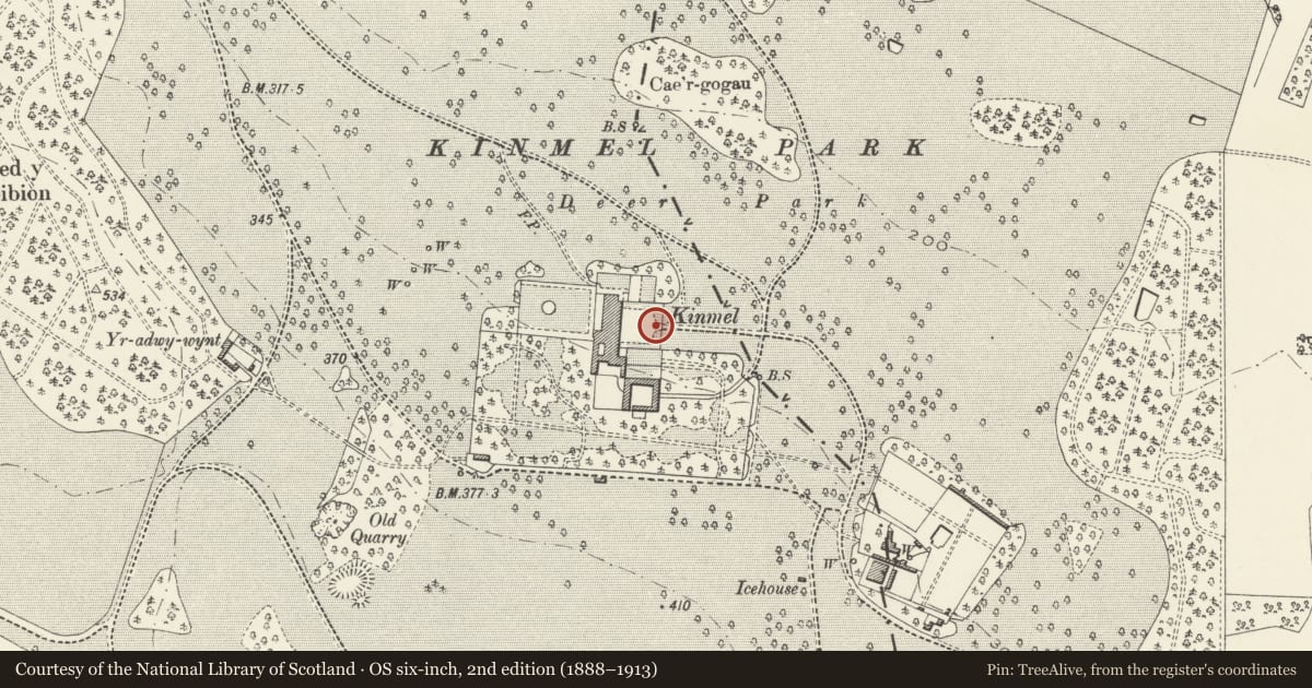 Ordnance Survey six-inch map, 2nd edition (1888–1913) covering the location of Entrance Screen to the main entrance front at Kinmel, Abergele, Conwy, with a pin at the register's coordinates