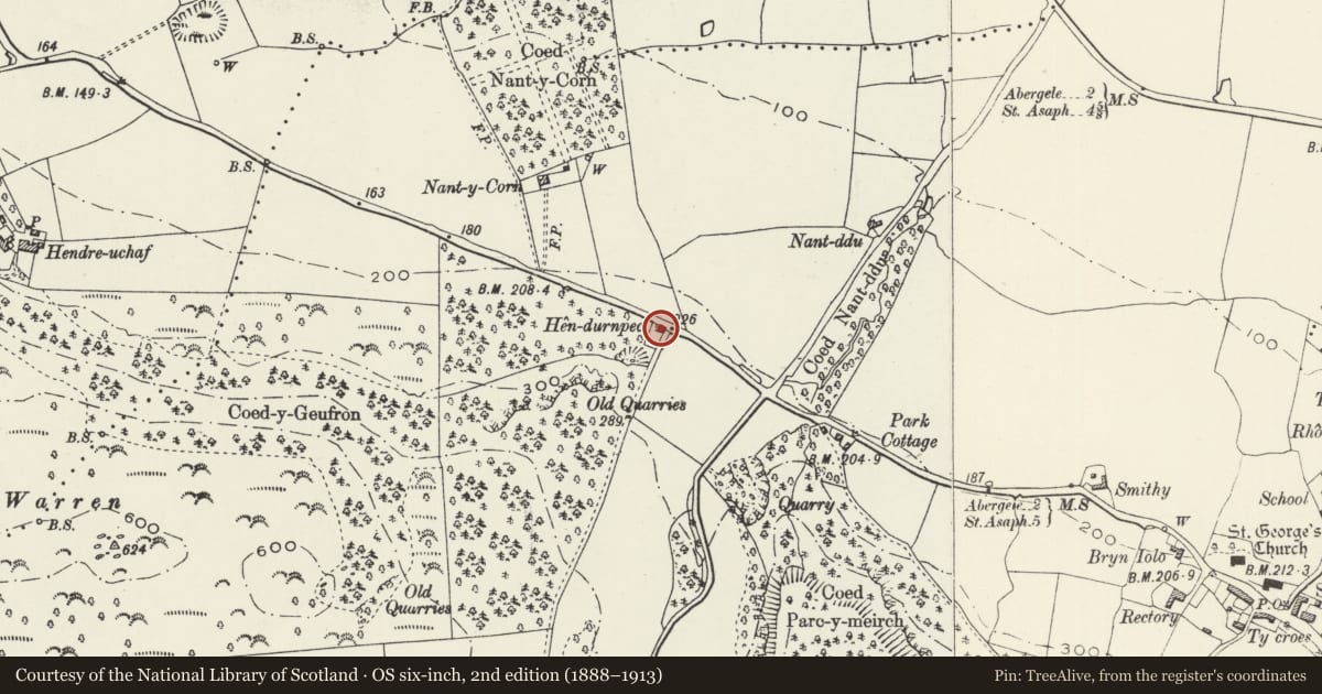 Ordnance Survey six-inch map, 2nd edition (1888–1913) covering the location of The Turnpike, Abergele, Conwy, with a pin at the register's coordinates