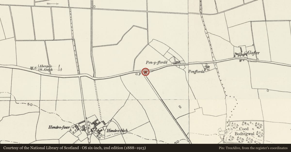Ordnance Survey six-inch map, 2nd edition (1888–1913) covering the location of Toll Bar Cottage, Abergele, Conwy, with a pin at the register's coordinates