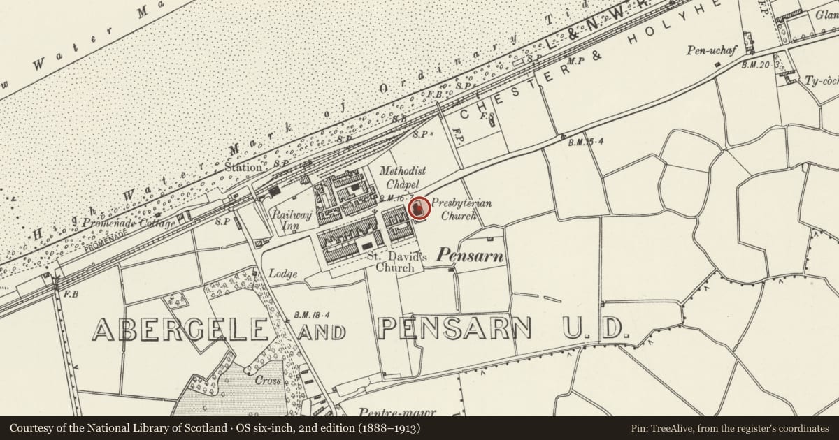 Ordnance Survey six-inch map, 2nd edition (1888–1913) covering the location of English Presbyterian Church, Abergele, Conwy, with a pin at the register's coordinates