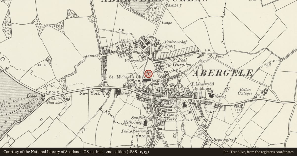 Ordnance Survey six-inch map, 2nd edition (1888–1913) covering the location of Monument to the great rail disaster of 1868 in the Churchyard of Church of St Michael, Abergele, Conwy, with a pin at the register's coordinates