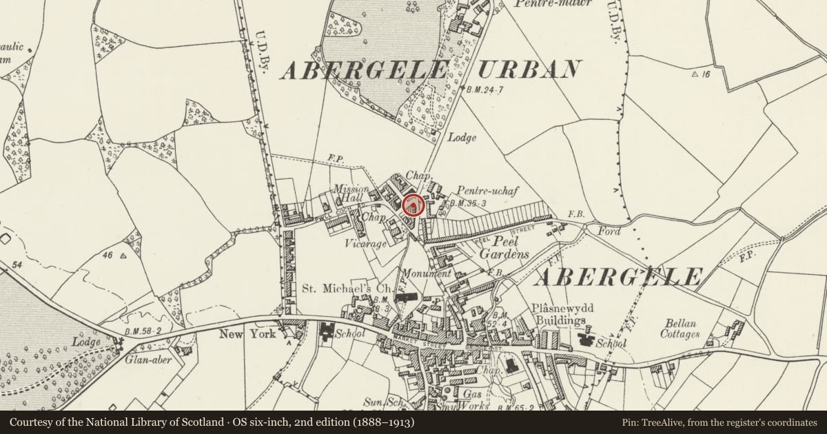 Ordnance Survey six-inch map, 2nd edition (1888–1913) covering the location of The Castle, Y Castell, Abergele, Conwy, with a pin at the register's coordinates