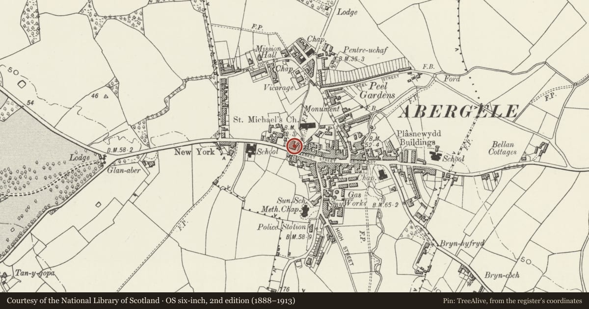 Ordnance Survey six-inch map, 2nd edition (1888–1913) covering the location of National Westminster Bank, Abergele, Conwy, with a pin at the register's coordinates