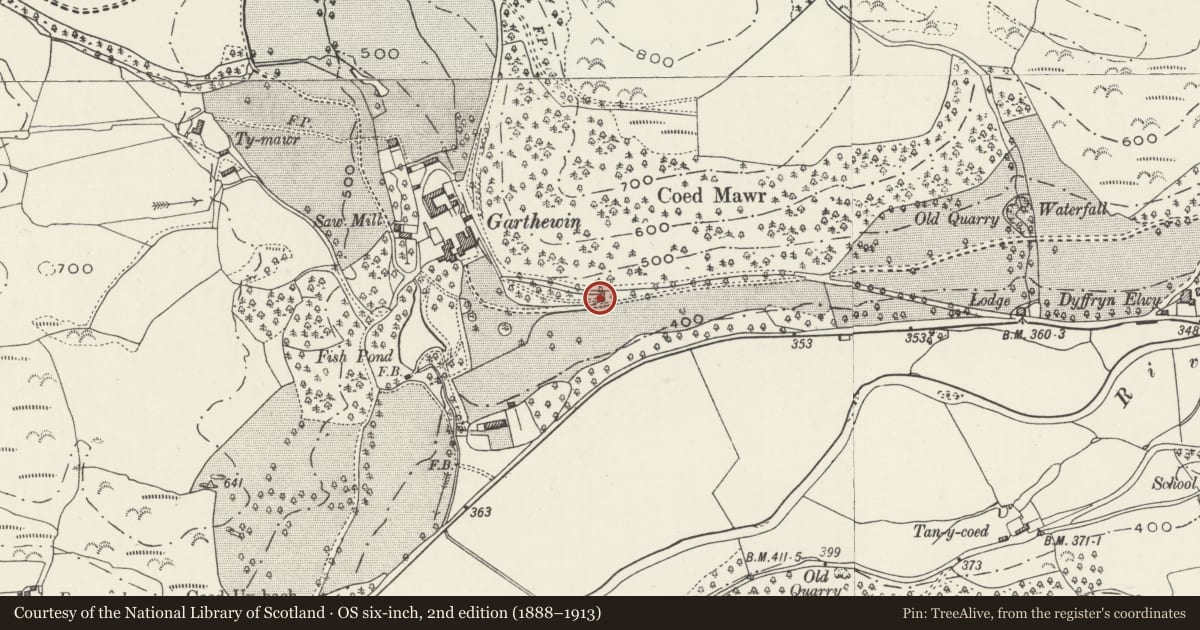 Ordnance Survey six-inch map, 2nd edition (1888–1913) covering the location of The Bookroom, Llanfair Talhaiarn, Conwy, with a pin at the register's coordinates