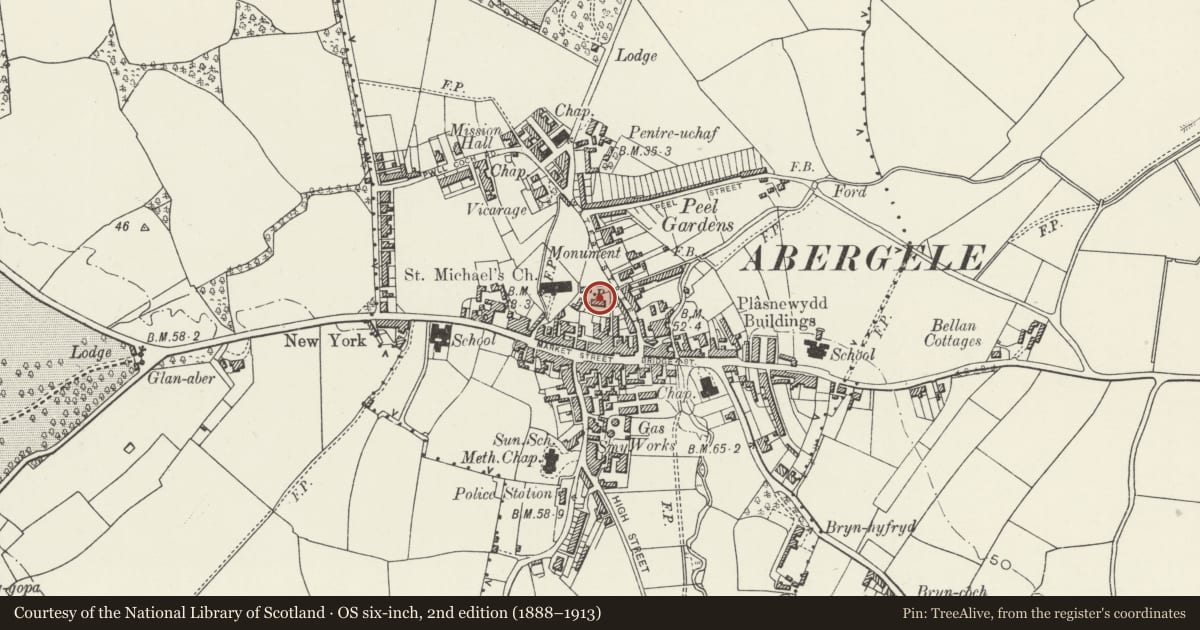 Ordnance Survey six-inch map, 2nd edition (1888–1913) covering the location of Ty-mawr Terrace, Abergele, Conwy, with a pin at the register's coordinates