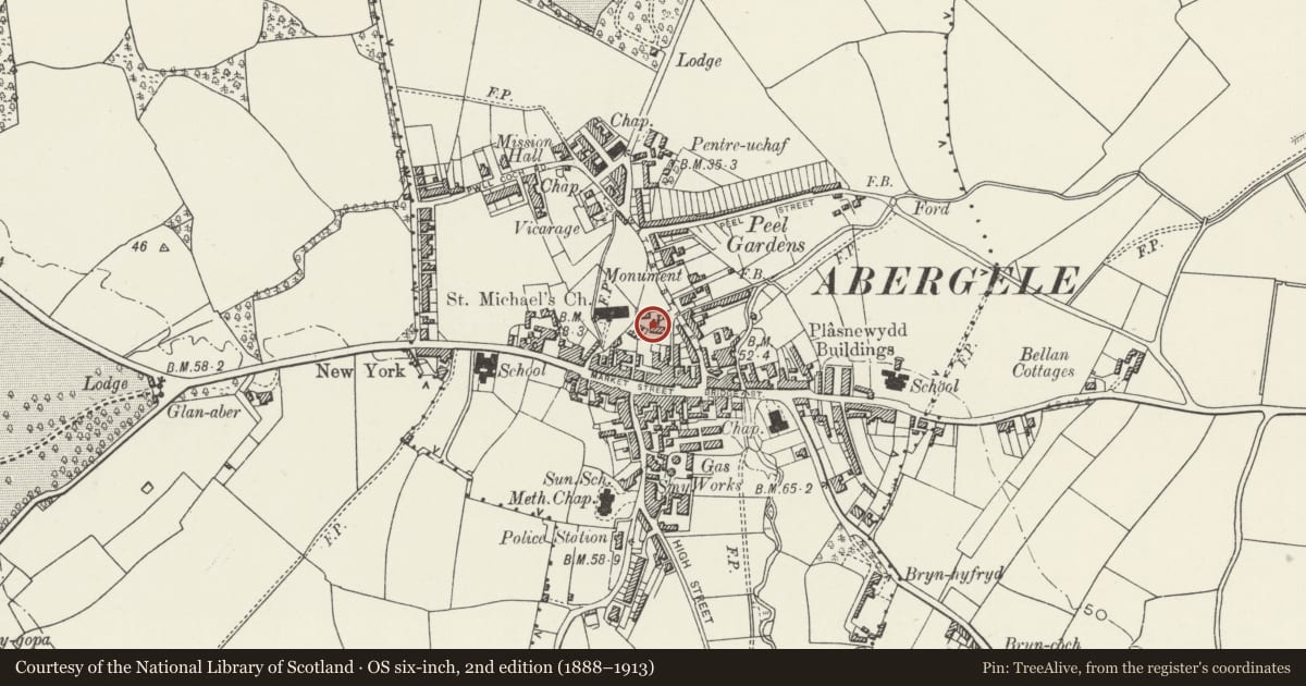 Ordnance Survey six-inch map, 2nd edition (1888–1913) covering the location of Ty-mawr Terrace, Abergele, Conwy, with a pin at the register's coordinates