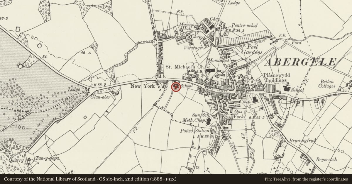 Ordnance Survey six-inch map, 2nd edition (1888–1913) covering the location of Schoolmaster's House to the former Abergele Church School, with outbuildings to the E., Conwy, with a pin at the register's coordinates