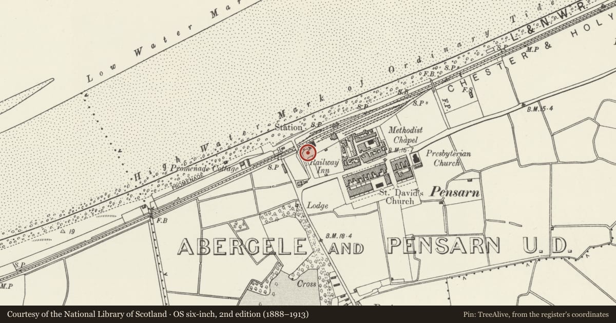 Ordnance Survey six-inch map, 2nd edition (1888–1913) covering the location of Abergele and Pensarn Railway Station Booking Hall, Conwy, with a pin at the register's coordinates