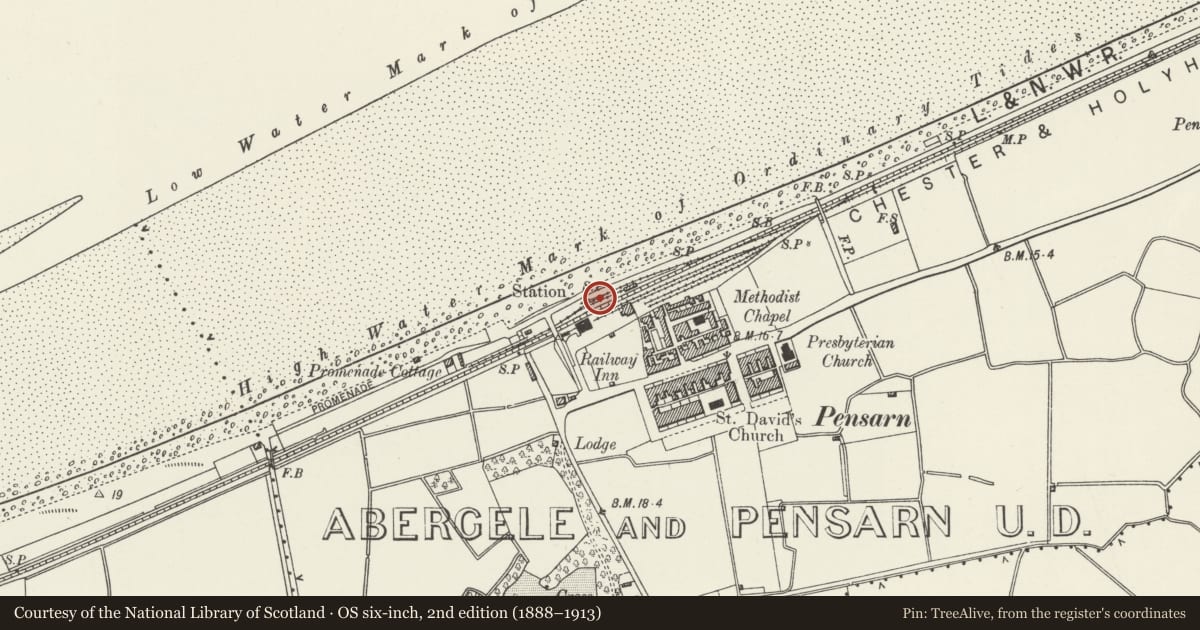 Ordnance Survey six-inch map, 2nd edition (1888–1913) covering the location of Abergele and Pensarn Station, 'Up' Platform Building, Conwy, with a pin at the register's coordinates
