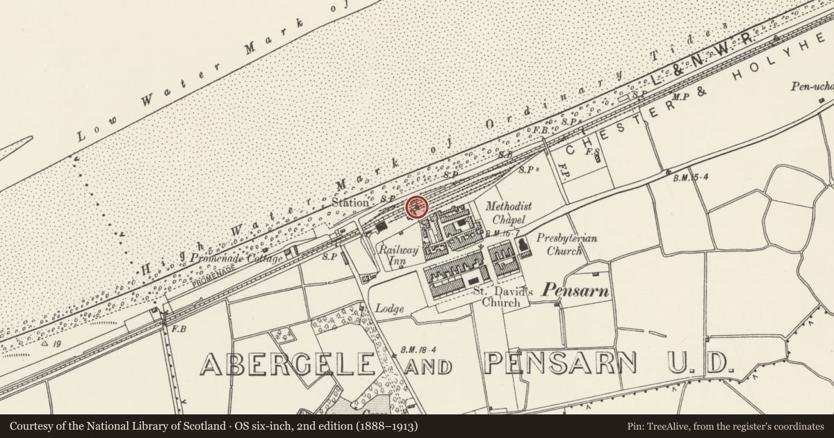 Ordnance Survey six-inch map, 2nd edition (1888–1913) covering the location of Signal Box at Abergele and Pensarn Railway Station, Conwy, with a pin at the register's coordinates