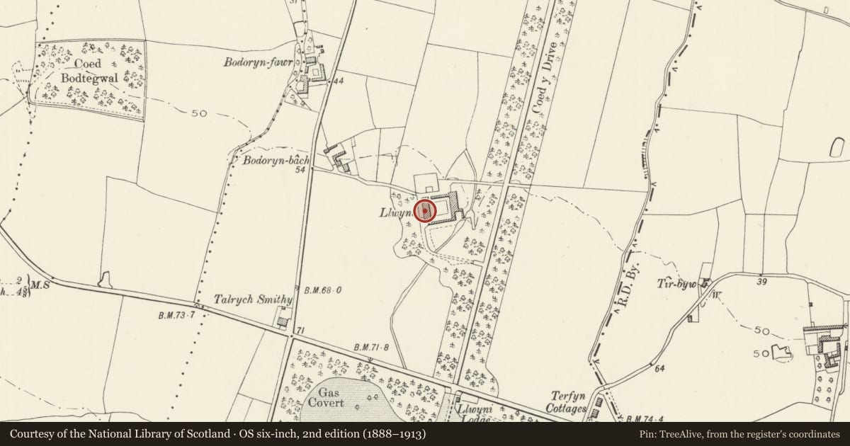 Ordnance Survey six-inch map, 2nd edition (1888–1913) covering the location of West Range of Farm Buildings at Plas Kinmel, Abergele, Conwy, with a pin at the register's coordinates