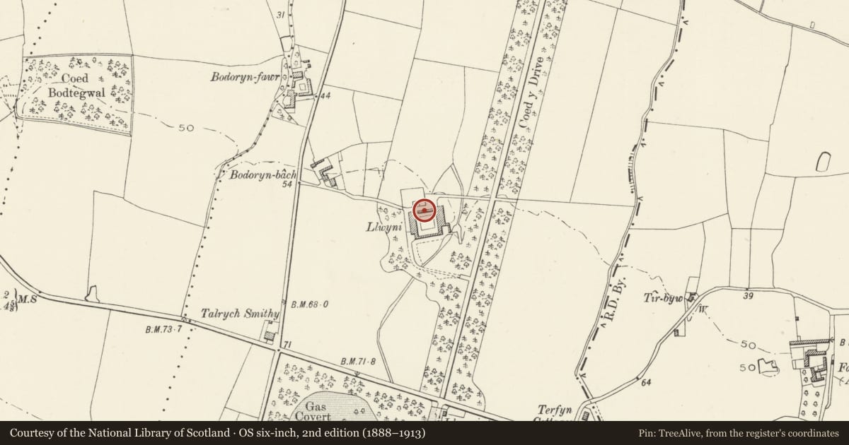 Ordnance Survey six-inch map, 2nd edition (1888–1913) covering the location of North Range of Farmyard Buildings at Plas Kinmel with the enclosed muck yard and entrance gate pier, Abergele, Conwy, with a pin at the register's coordinates