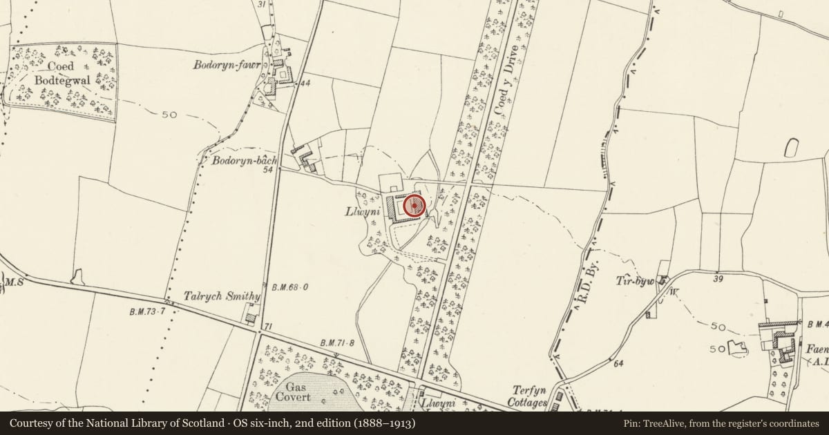 Ordnance Survey six-inch map, 2nd edition (1888–1913) covering the location of East Range of Farmyard Buildings at Plas Kinmel, Abergele, Conwy, with a pin at the register's coordinates