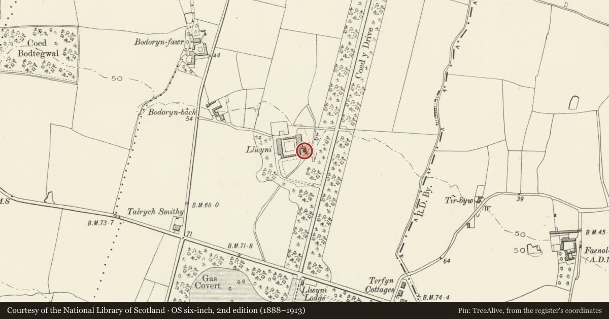 Ordnance Survey six-inch map, 2nd edition (1888–1913) covering the location of Piggery at Plas Kinmel, Abergele, Conwy, with a pin at the register's coordinates