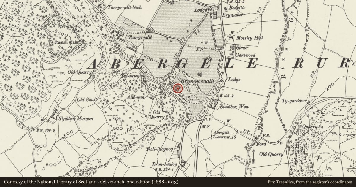 Ordnance Survey six-inch map, 2nd edition (1888–1913) covering the location of Bryngwenallt, Abergele, Conwy, with a pin at the register's coordinates
