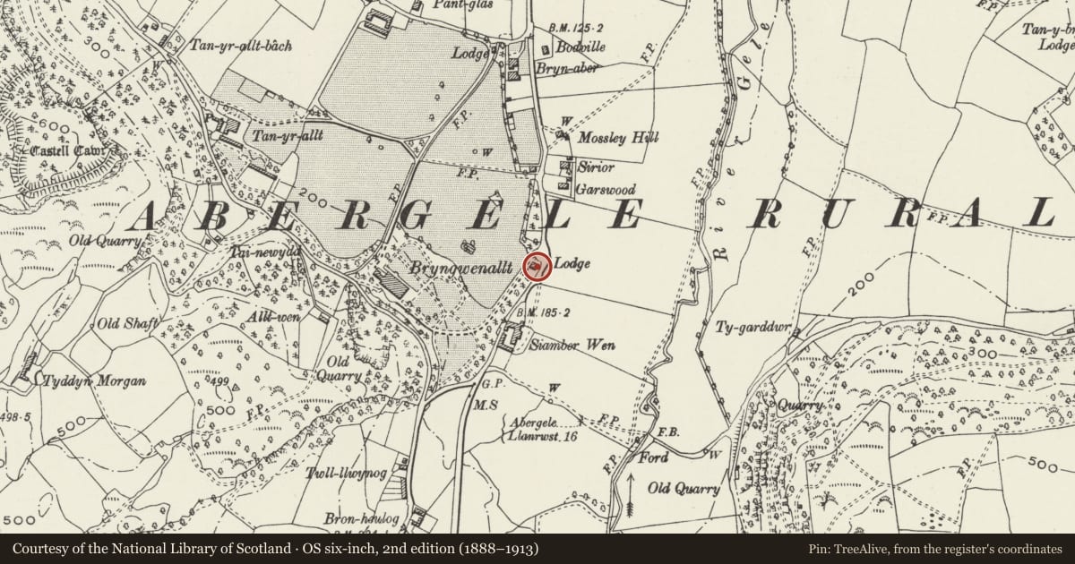 Ordnance Survey six-inch map, 2nd edition (1888–1913) covering the location of Lodge to Bryngwenallt, Abergele, Conwy, with a pin at the register's coordinates