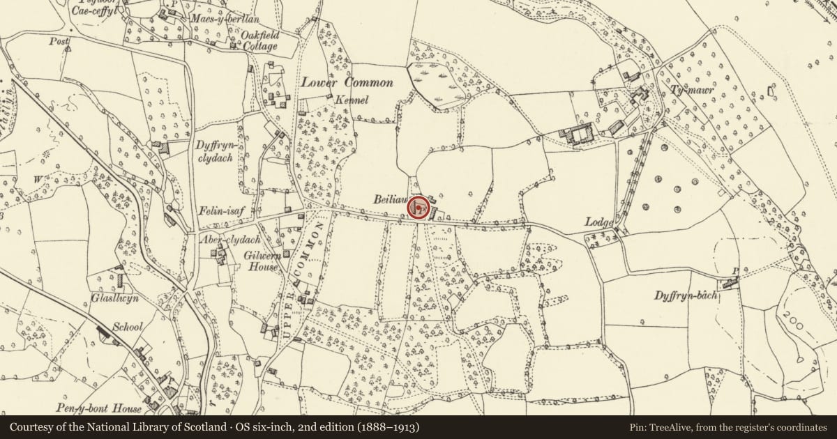 Ordnance Survey six-inch map, 2nd edition (1888–1913) covering the location of Barn Range at Beiliau Farm including forecourt walls, Llanelly, Monmouthshire, with a pin at the register's coordinates
