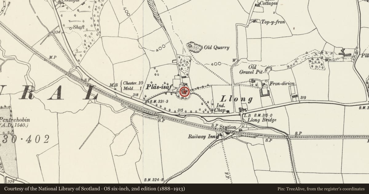 Ordnance Survey six-inch map, 2nd edition (1888–1913) covering the location of Stables and Coach House at Plas Isaf including attached walled garden, Argoed, Flintshire, with a pin at the register's coordinates