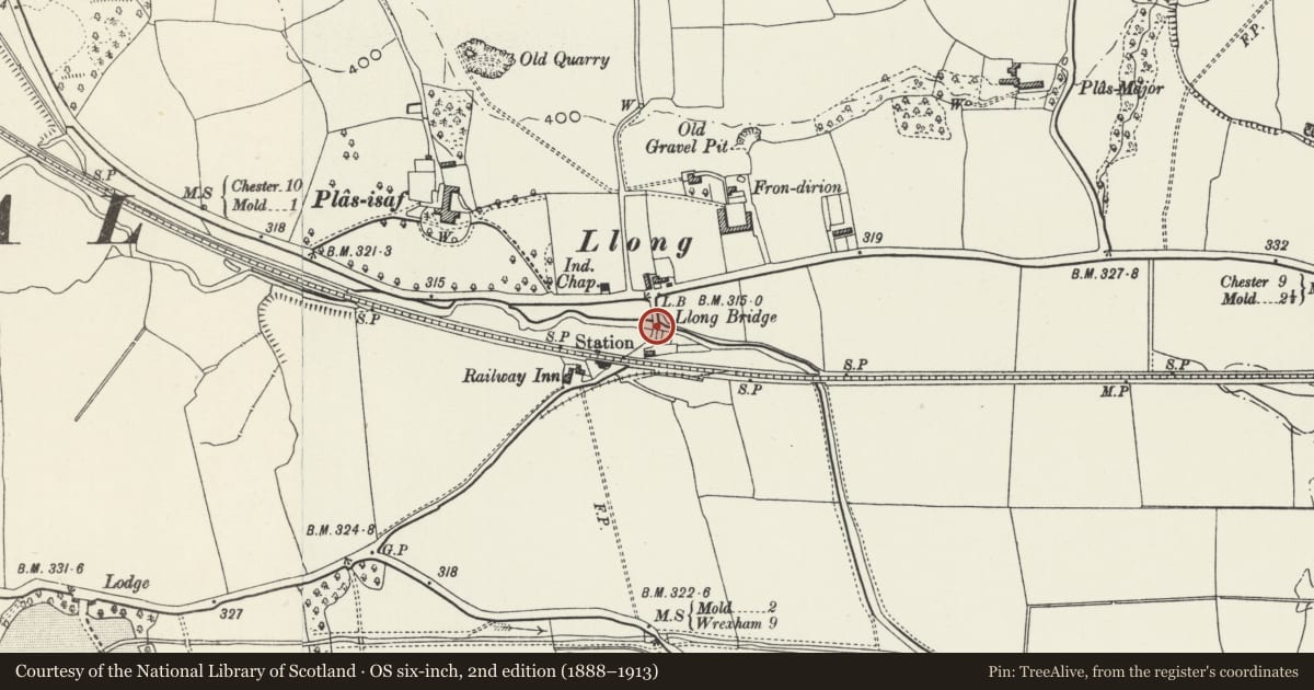 Ordnance Survey six-inch map, 2nd edition (1888–1913) covering the location of Llong Bridge, Argoed, Flintshire, with a pin at the register's coordinates