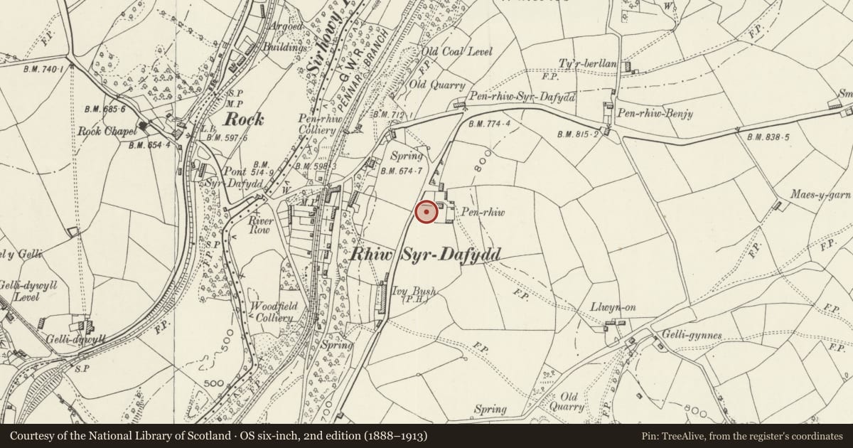 Ordnance Survey six-inch map, 2nd edition (1888–1913) covering the location of Oakdale Hospital, Penmaen, Caerphilly, with a pin at the register's coordinates