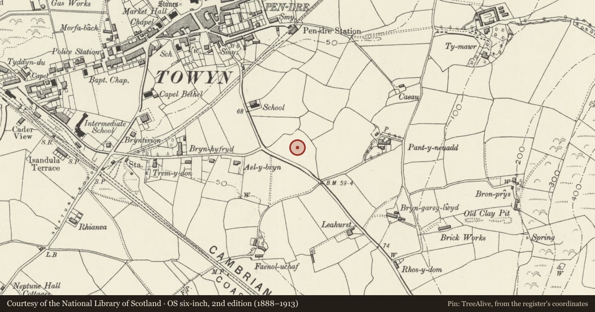 Ordnance Survey six-inch map, 2nd edition (1888–1913) covering the location of Tywyn & District War Memorial Hospital, Gwynedd, with a pin at the register's coordinates
