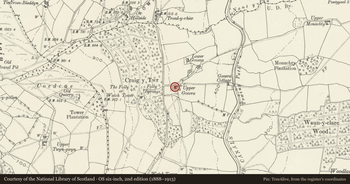 Ordnance Survey six-inch map, 2nd edition (1888–1913) covering the location of Govera Farmhouse, also known as Upper Govera Farmhouse, New Inn, Torfaen, with a pin at the register's coordinates