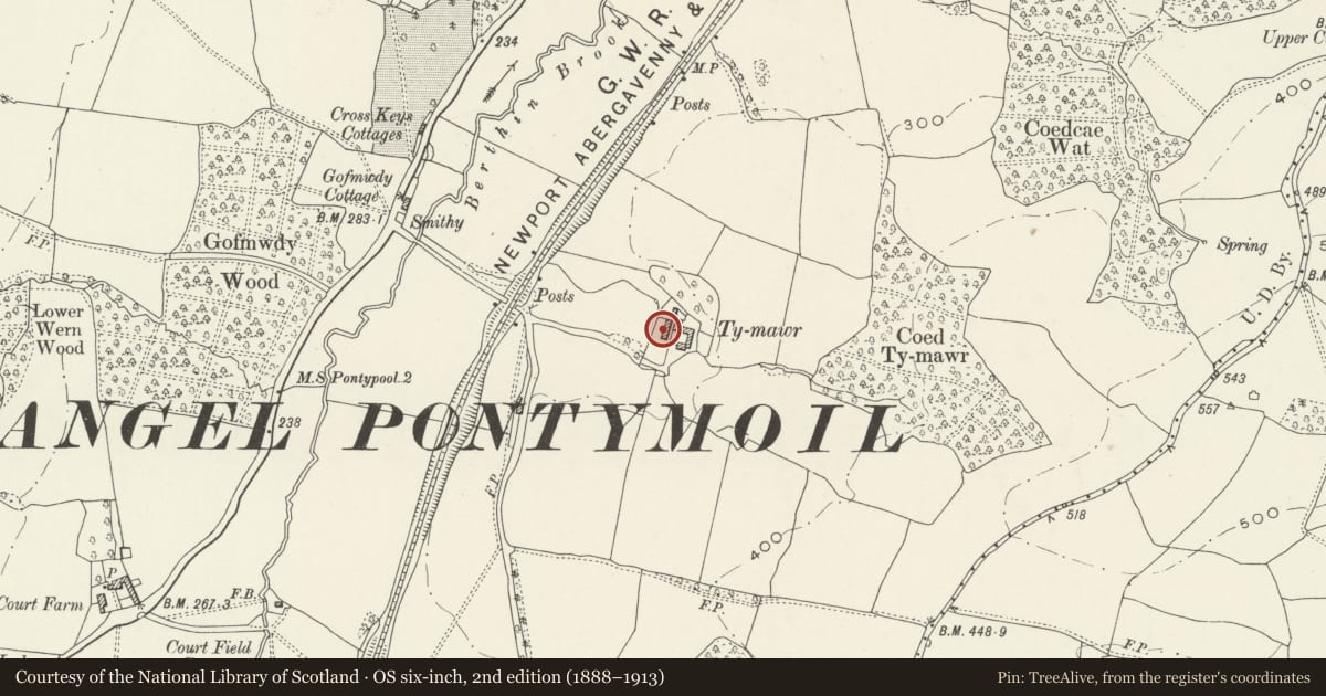 Ordnance Survey six-inch map, 2nd edition (1888–1913) covering the location of Ty-mawr Farmhouse, New Inn, Torfaen, with a pin at the register's coordinates