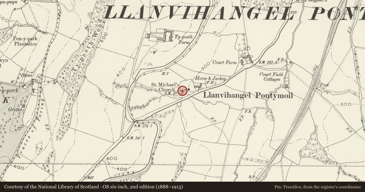 Ordnance Survey six-inch map, 2nd edition (1888–1913) covering the location of Altar tomb in the churchyard of St Michael and All Angels, New Inn, Torfaen, with a pin at the register's coordinates