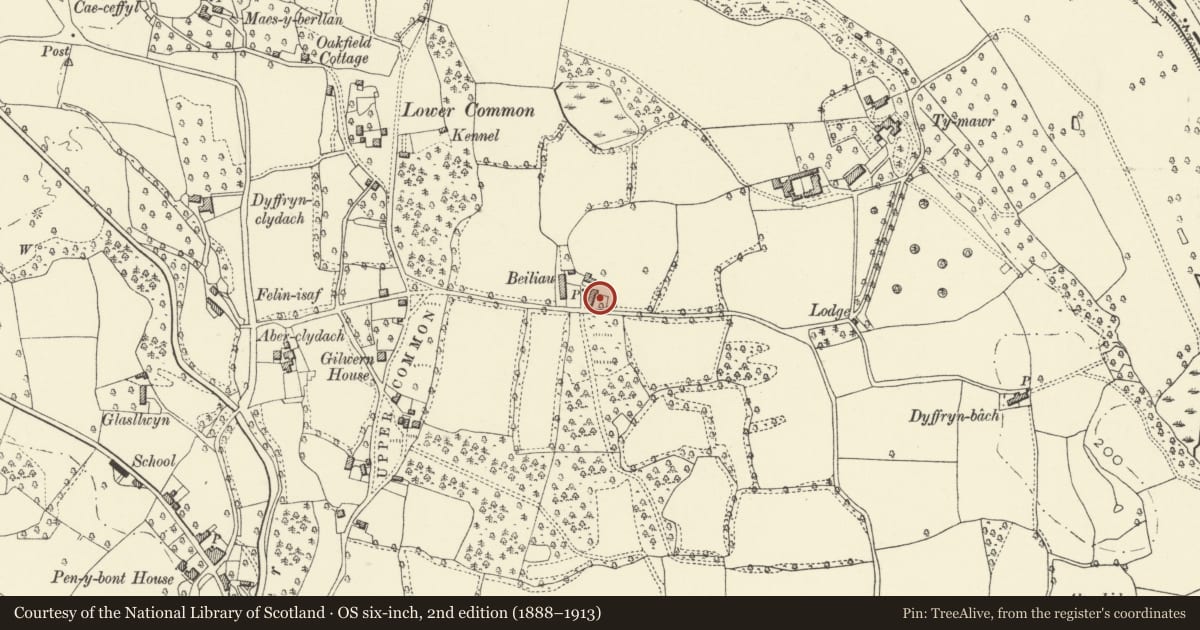 Ordnance Survey six-inch map, 2nd edition (1888–1913) covering the location of Stable, Carthouse and Cowhouse range at Beiliau Farm, Llanelly, Monmouthshire, with a pin at the register's coordinates