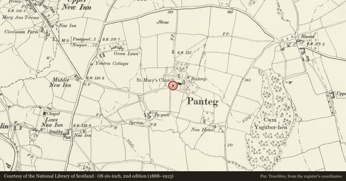 Ordnance Survey six-inch map, 2nd edition (1888–1913) covering the location of Tomb of William Jacob in St Mary's Churchyard, New Inn, Torfaen, with a pin at the register's coordinates