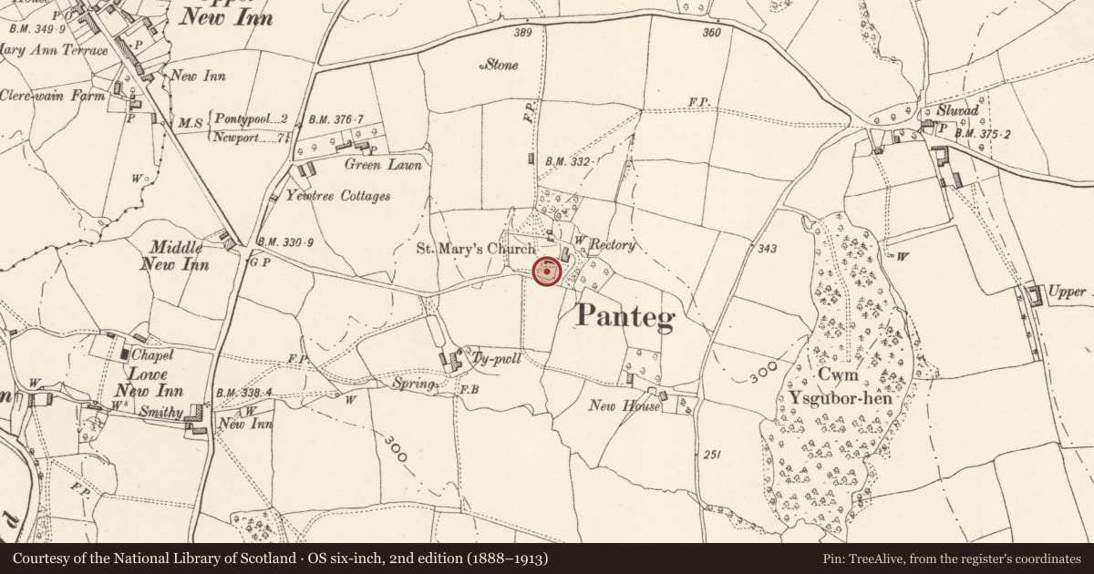 Ordnance Survey six-inch map, 2nd edition (1888–1913) covering the location of Jones Family Tomb in the churchyard of St Mary's Church, New Inn, Torfaen, with a pin at the register's coordinates