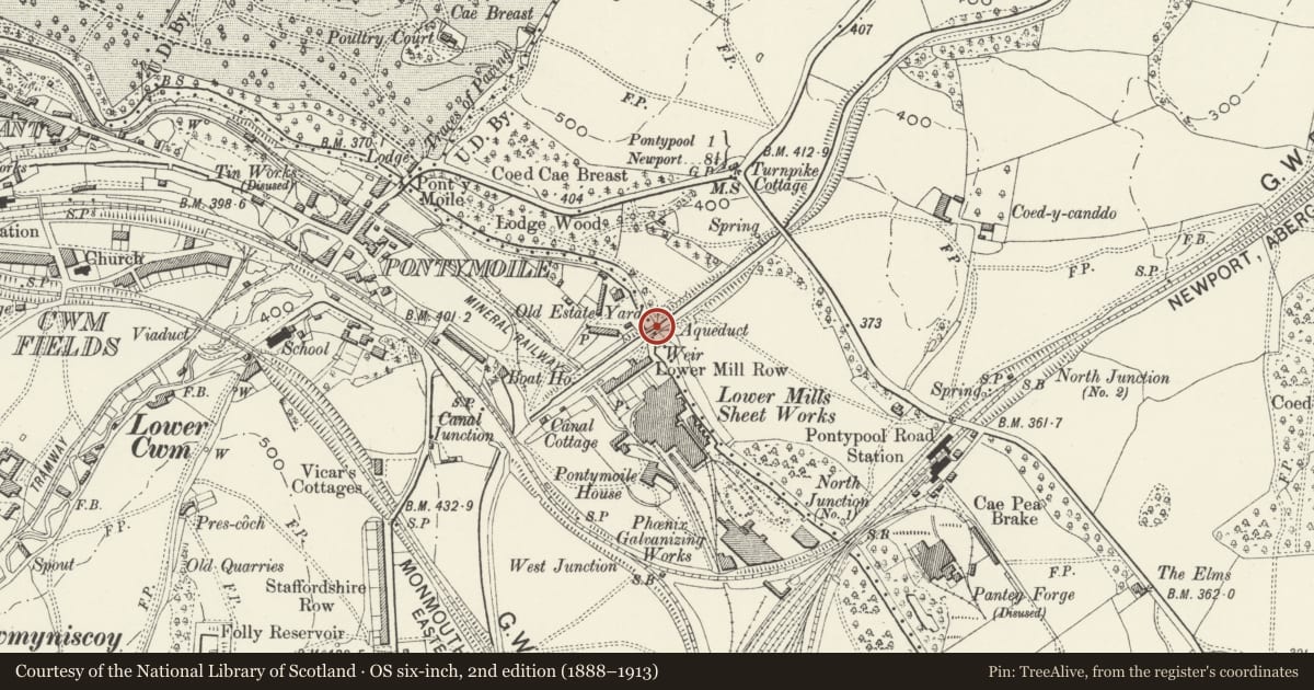 Ordnance Survey six-inch map, 2nd edition (1888–1913) covering the location of Aqueduct over Afon Lwyd, Monmouthshire and Brecon Canal, New Inn, Torfaen, with a pin at the register's coordinates