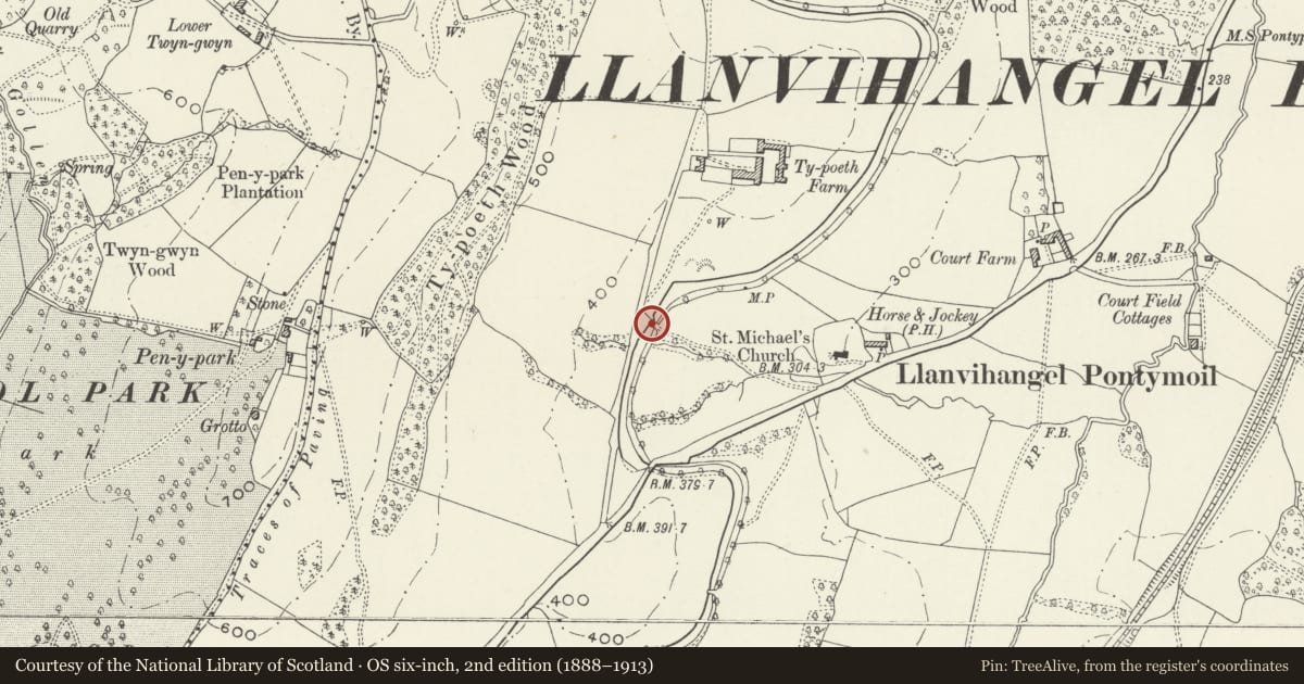 Ordnance Survey six-inch map, 2nd edition (1888–1913) covering the location of Bridge 56, Monmouthshire and Brecon Canal, New Inn, Torfaen, with a pin at the register's coordinates