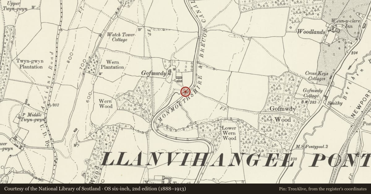 Ordnance Survey six-inch map, 2nd edition (1888–1913) covering the location of Bridge 57, Monmouthshire and Brecon Canal, New Inn, Torfaen, with a pin at the register's coordinates