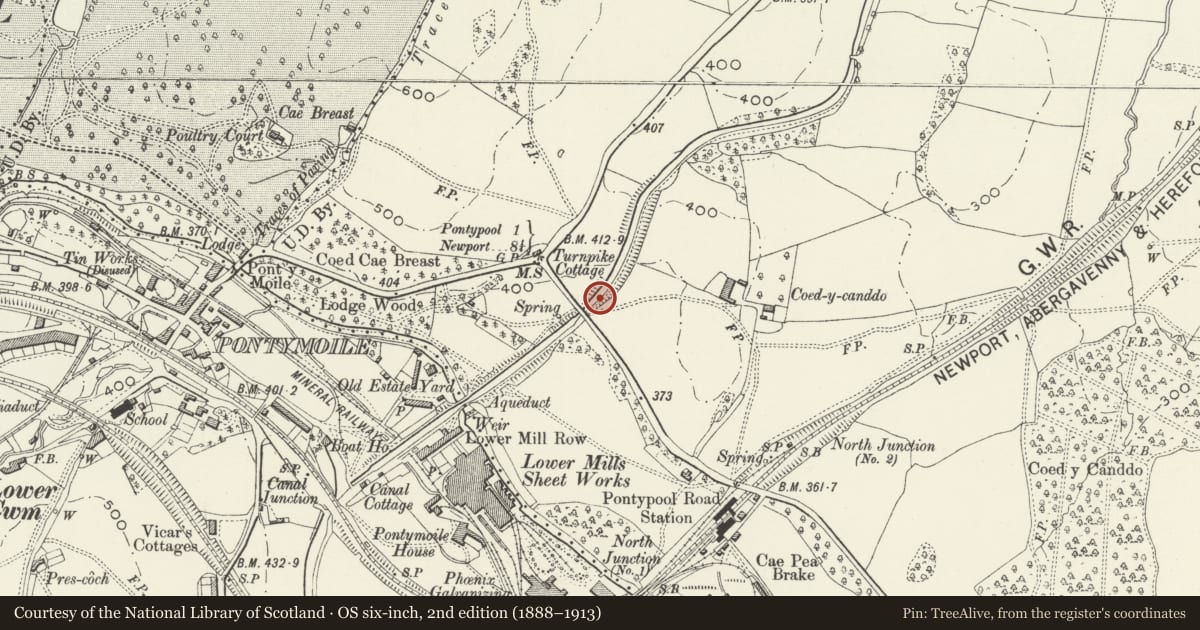 Ordnance Survey six-inch map, 2nd edition (1888–1913) covering the location of Milepost north of Bridge 53, Monmouthshire and Brecon Canal, New Inn, Torfaen, with a pin at the register's coordinates