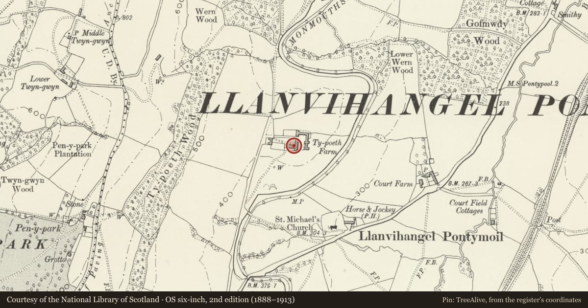Ordnance Survey six-inch map, 2nd edition (1888–1913) covering the location of Barn at Ty-poeth Farm, New Inn, Torfaen, with a pin at the register's coordinates