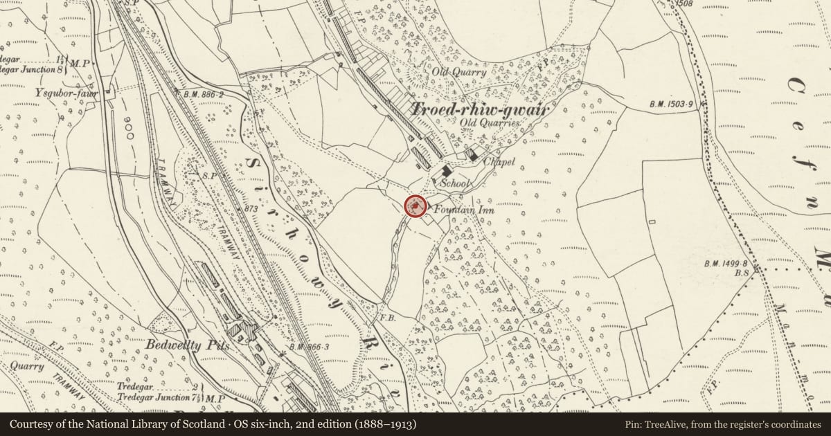 Ordnance Survey six-inch map, 2nd edition (1888–1913) covering the location of Stables and Barn at the Fountain Inn, Tredegar, Blaenau Gwent, with a pin at the register's coordinates