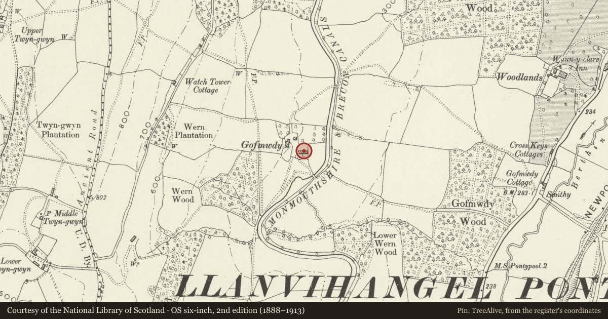 Ordnance Survey six-inch map, 2nd edition (1888–1913) covering the location of Barn at Wern Farm, New Inn, Torfaen, with a pin at the register's coordinates