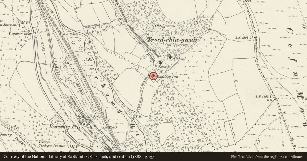 Ordnance Survey six-inch map, 2nd edition (1888–1913) covering the location of The Fountain Inn, Tredegar, Blaenau Gwent, with a pin at the register's coordinates