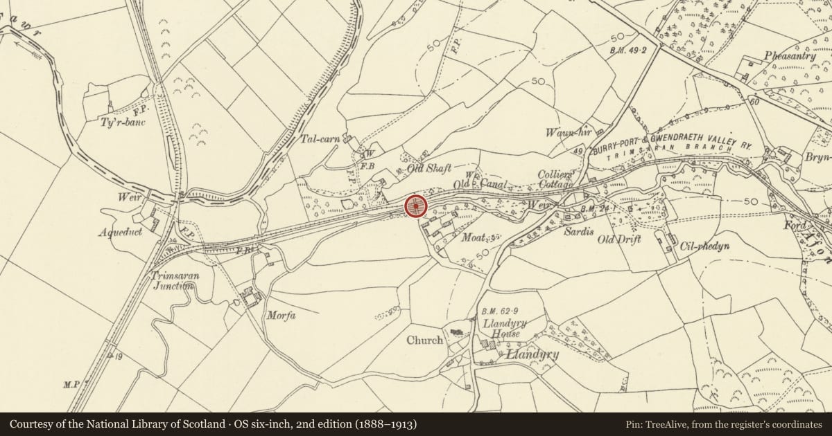 Ordnance Survey six-inch map, 2nd edition (1888–1913) covering the location of Bridge at Moat Farm, Trimsaran, Carmarthenshire, with a pin at the register's coordinates