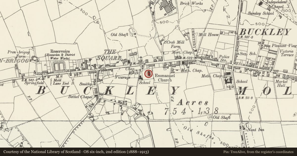 Ordnance Survey six-inch map, 2nd edition (1888–1913) covering the location of Emmanuel Church, Buckley, Flintshire, with a pin at the register's coordinates