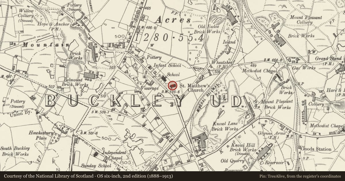 Ordnance Survey six-inch map, 2nd edition (1888–1913) covering the location of St Matthew's Church, Buckley, Flintshire, with a pin at the register's coordinates