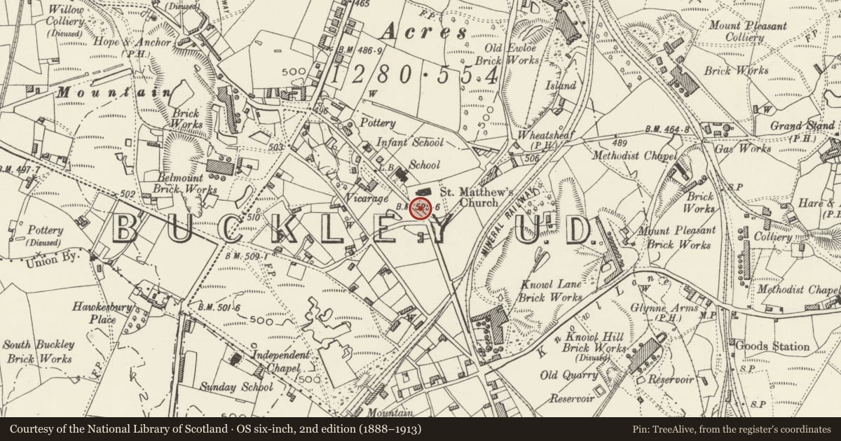 Ordnance Survey six-inch map, 2nd edition (1888–1913) covering the location of Lych Gate to St Matthew's Church, Buckley, Flintshire, with a pin at the register's coordinates