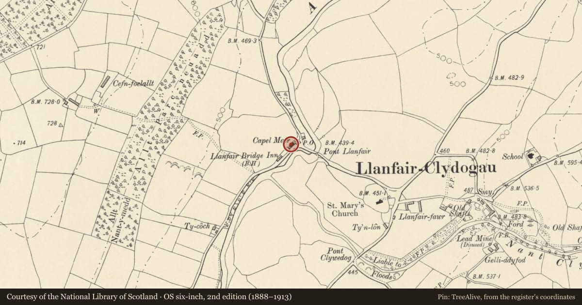 Ordnance Survey six-inch map, 2nd edition (1888–1913) covering the location of Capel Mair, Llanfair Clydogau, Ceredigion, with a pin at the register's coordinates