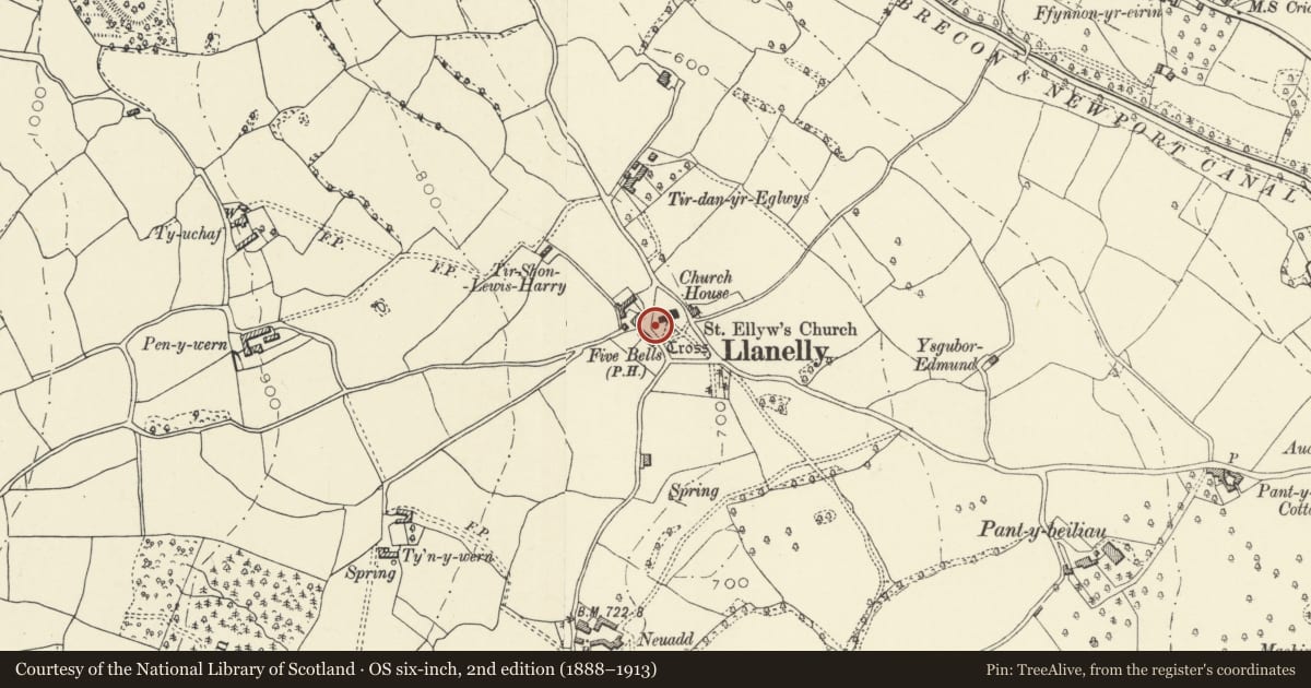 Ordnance Survey six-inch map, 2nd edition (1888–1913) covering the location of Telephone Call-box at Parish Church of St. Elli (Tel no. 01893 830339), Llanelly, Monmouthshire, with a pin at the register's coordinates