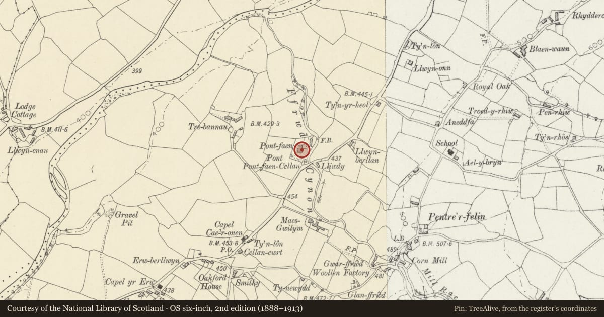 Ordnance Survey six-inch map, 2nd edition (1888–1913) covering the location of Pontfaen Cottage, Llanfair Clydogau, Ceredigion, with a pin at the register's coordinates