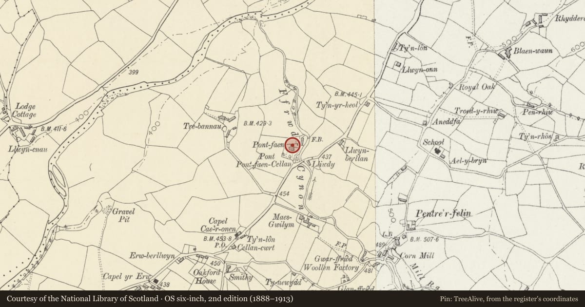 Ordnance Survey six-inch map, 2nd edition (1888–1913) covering the location of Nythfa, Llanfair Clydogau, Ceredigion, with a pin at the register's coordinates